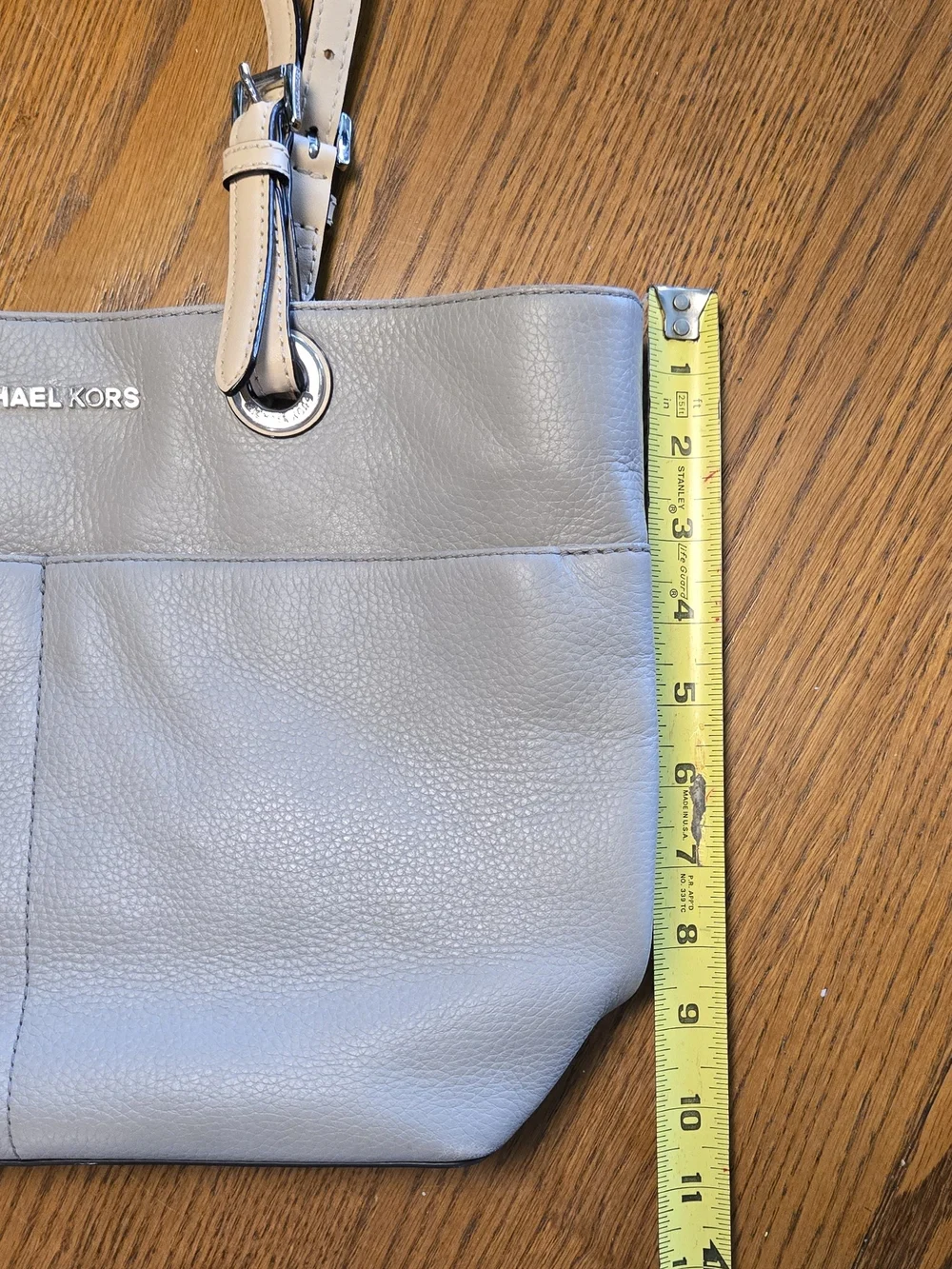 Michael Kors Pebbled Leather Tote in Light Gray with Beige Straps